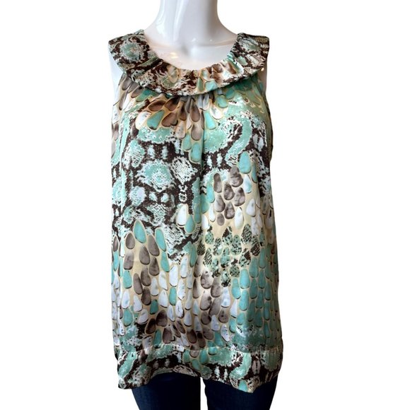 Dressbarn Women Geo Print Satin Pintuck Blouse Torrid High Neck Multicolor L - Picture 1 of 7